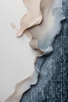 professional photo of a delicate neutral watercolor wash subtly fading into a low-opacity binary code pattern creating an organic-digital fusion set against a clean and minimal layout optimized for in