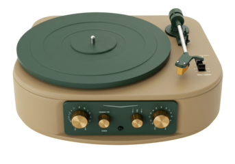 Isolated Vintage Turntable, Record Player, Audio Equipment, Music Player in Green and Tan