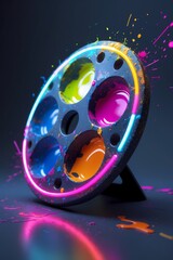 professional photo of a photorealistic conceptual render of a traditional artist's palette with vibrant digital neon colors emanating from it symbolizing the fusion of handmade and machine-made art wi