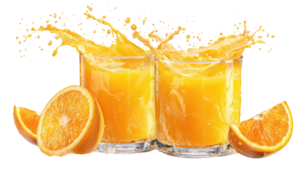 Two glasses overflowing with vibrant orange liquid, accompanied by sliced citrus fruit