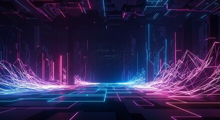 Abstract futuristic digital landscape with glowing neon lines and grids