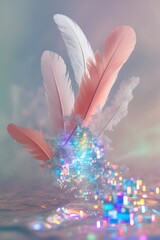 professional photo of a surreal collage featuring pastel brush textures with soft feathery strokes merging seamlessly with holographic glitch pixels that shimmer and glow creating an organic and digit