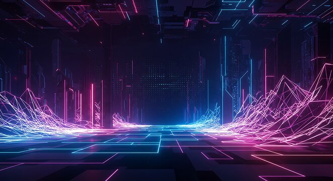 Abstract futuristic digital landscape with glowing neon lines and grids