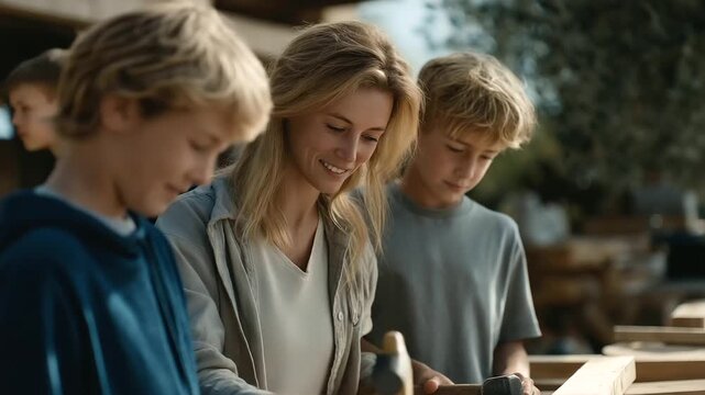 multi generational family creating recycled art sculpture together sunny backyard hammering soft teamwork sustainable creativity three quarter wide angle cinematic color