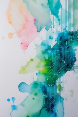 professional photo of Abstract mixed-media artwork combining soft watercolor splashes in pastel hues and glowing digital circuit lines in vibrant blues and greens showcasing an analog meets AI theme s