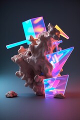 professional photo of an Abstract 3D render that combines intricate clay-like organic textures with futuristic holographic neon fragments in a harmonious hybrid composition that blends analog and AI-g