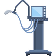 Medical ventilator machine with blue tubes and a screen on a stand against a white background representing respiratory support technology