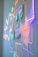 professional photo of Pastel chalk artwork with soft delicate textures gently blending into vibrant neon circuits a calm analog base with muted earthy tones and subtle gradients juxtaposed with energe
