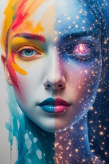 professional photo of Surreal conceptual artwork featuring a large canvas half-painted in vibrant gouache with bold brushstrokes half-rendered in luminous digital particles that shimmer and glow embod