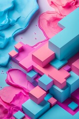 professional photo of vibrant bright watercolor texture layered with geometric pixel blocks in pastel cyan and hot pink hues embracing a playful analog-meets-AI aesthetic exuding high visual energy wi