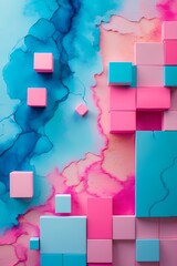 professional photo of vibrant bright watercolor texture layered with geometric pixel blocks in pastel cyan and hot pink hues embracing a playful analog-meets-AI aesthetic exuding high visual energy wi