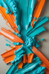 professional photo of vibrant textured acrylic brush strokes in vivid turquoise and orange hues merging seamlessly into crystalline pixel blocks with high saturation and bold contrast featuring intric
