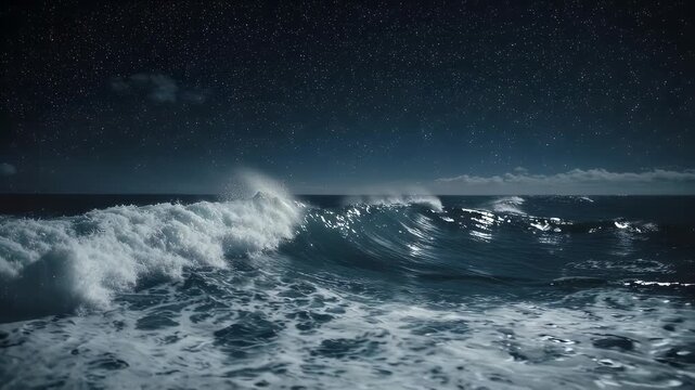 Dramatic ocean waves crash under a starry night sky with dark hues