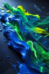 Professional photograph of a vibrant abstract experimental painting that masterfully combines thick oil brush textures with intricate glowing digital mesh patterns embodying a conceptual fusion theme