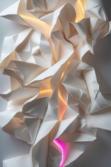 professional photograph of an abstract 3D texture combining intricately folded paper surfaces with faint neon reflections creating an elegant and modern aesthetic set against a balanced space for cont