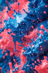 Professional photograph of an experimental abstract artwork featuring vibrant paint splatter textures and bright glitch noise patterns set against a bold electric blue and coral color palette exuding