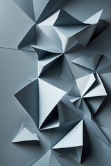 Professional photograph of an abstract geometric background featuring intricate folded paper shadows and light digital reflections set against a muted gray-blue palette conveying a sophisticated and p
