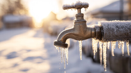 Close-up photo of an outdoor metal water tap covered in frost and icicles, sunlight reflecting on the ice, blurred snowy background, symbolizing frozen pipes and winter maintenance.