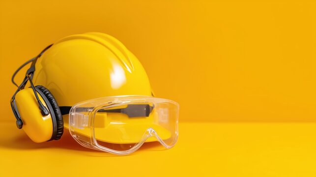 Yellow Safety Helmet with Earmuffs and Protective Goggles on Bright Yellow Background – Personal Protective Equipment