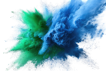 Explosive cloud of teal and blue pigment against a black backdrop, creating dynamic impact