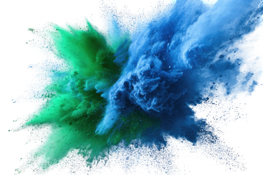 Explosive cloud of teal and blue pigment against a black backdrop, creating dynamic impact