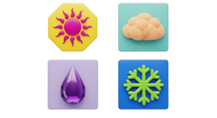Isolated weather icons set of sun cloud rain drop and snowflake in colorful style 3D render