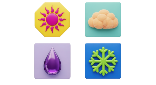 Isolated weather icons set of sun cloud rain drop and snowflake in colorful style 3D render