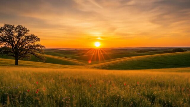 Golden sunset over rolling hills with grass and tree silhouette