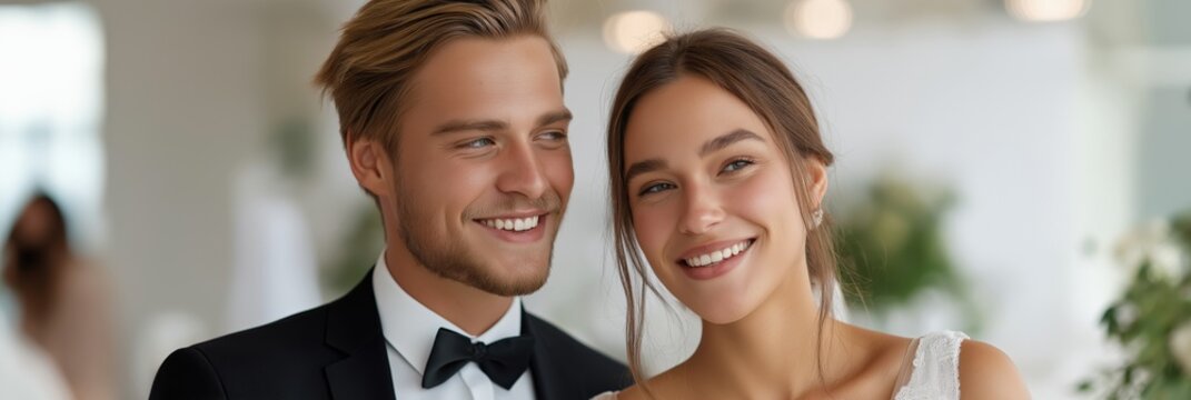 Smiling caucasian young couple in wedding attire embracing joyful moment together - Powered by Adobe