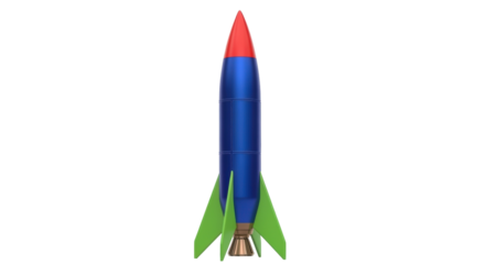 Isolated object of a red, blue and green model rocket ready for launch against a clean backdrop