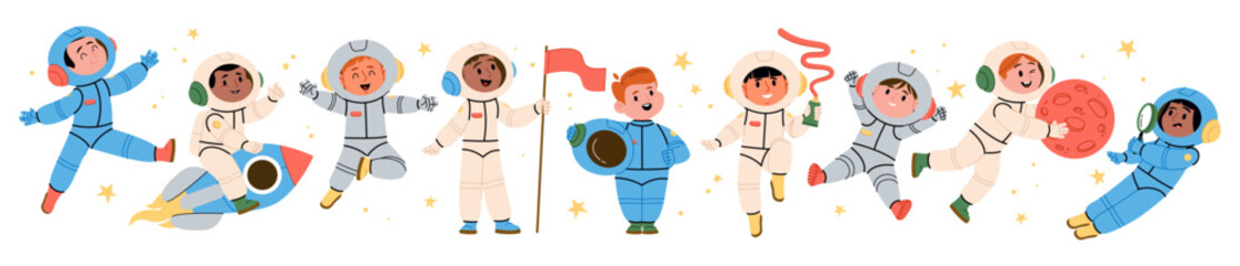 Kids astronauts characters floating and traveling in outer space enjoying boundless wonder of cosmos