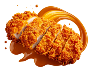 Flying Katsu Cutlets with Curry Sauce Arcs – Dynamic Japanese Cuisine PNG