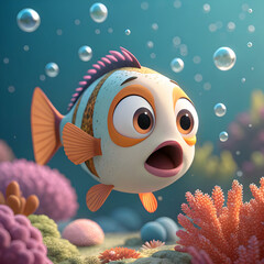 surprised cartoon fish with big eyes 3d render