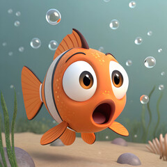 surprised cartoon fish with big eyes 3d render