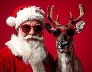 A fun, red Christmas background with a reindeer and Santa Claus wearing funny glasses.
