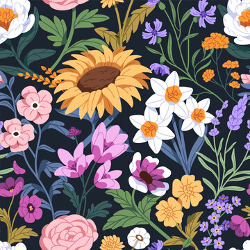 Repeatable pattern of different meadow flowers with leaves. Endless background of various wildflowers and blooming plants: sunflower, daffodil, peony. Spring nature. Flat seamless vector illustration.