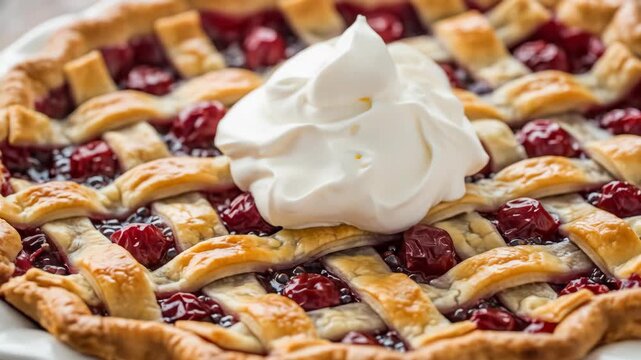 Homemade cherry pie with lattice crust, topped with whipped cream.