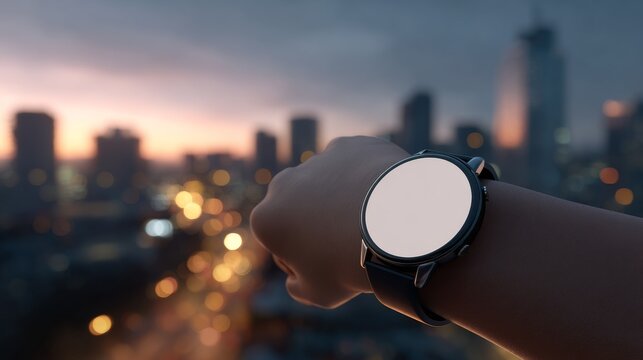 A hand wearing a smartwatch with a blank screen is held up against a blurred cityscape backdrop at dusk - Powered by Adobe