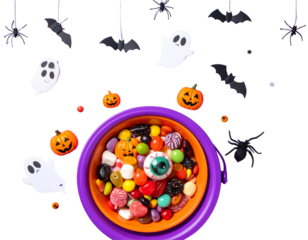 Spooky Halloween Flat Lay with Candy, Pumpkins, and Decorative Ghosts – PNG
