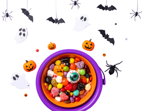 Spooky Halloween Flat Lay with Candy, Pumpkins, and Decorative Ghosts – PNG