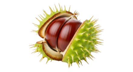 Isolated spiky horse chestnut seed pod with autumn harvest seeds inside; nature item