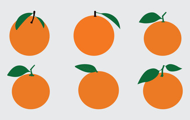Simple flat orange fruit icons set with green leaves. Minimalist citrus fruit illustration collection, perfect for healthy food design, organic product labels, juice branding, and vector design