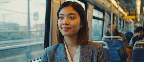 Commuting in Serenity: A poised individual, radiating a quiet sense of contentment, is observed seated in transit, enveloped in their own reflective thoughts.