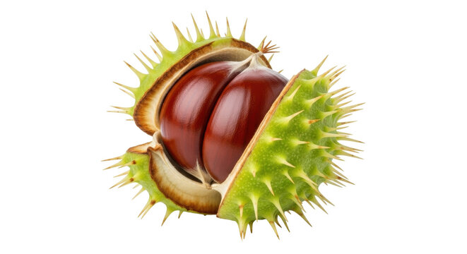 Fototapeta Isolated spiky horse chestnut seed pod with autumn harvest seeds inside  nature item