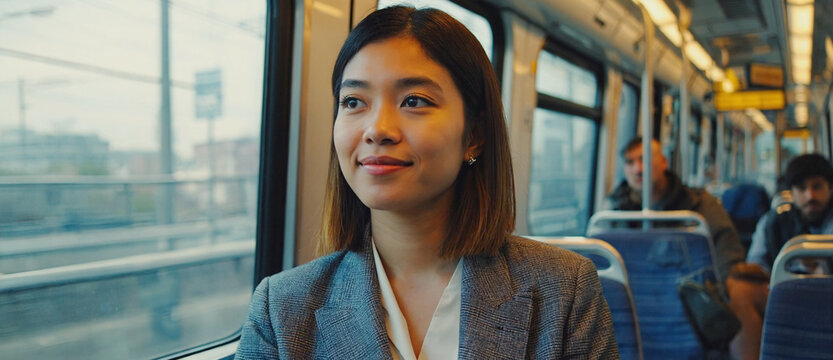 Commuting in Serenity: A poised individual, radiating a quiet sense of contentment, is observed seated in transit, enveloped in their own reflective thoughts.