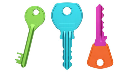 Isolated set of three colorful keys, green, light-blue and pink-orange, security solution