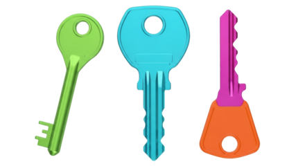 Isolated set of three colorful keys, green, light-blue and pink-orange, security solution