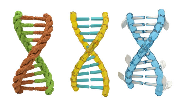 Isolated DNA structures of rope and rods in the shape of a double helix on a white background