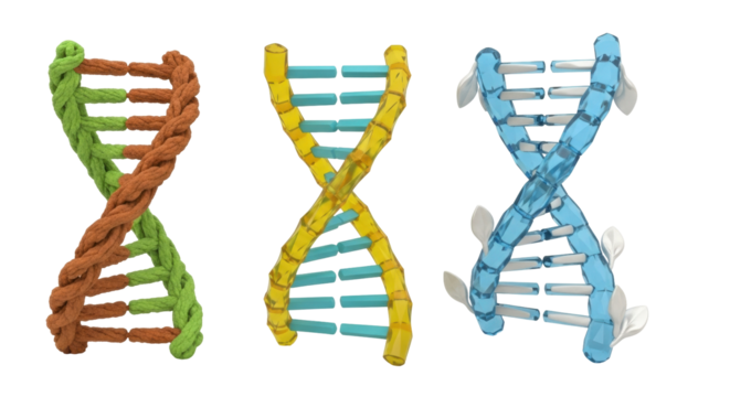 Isolated DNA structures of rope and rods in the shape of a double helix on a white background