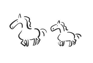 墨絵の歩く二頭の馬の親子　2026 モノクロ